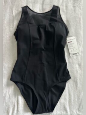 Athleta En Pointe Leotard Black Mesh Panel Bodysuit Size S NWT